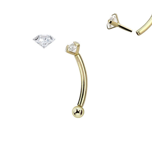 14 Karat Gold Curved Barbell 16 Gauge Eyebrow Ring & Real Diamond