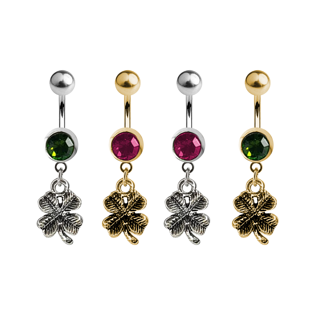Surgical Steel 14 Gauge Belly Ring with CZ Four Leaf Clover Dangle