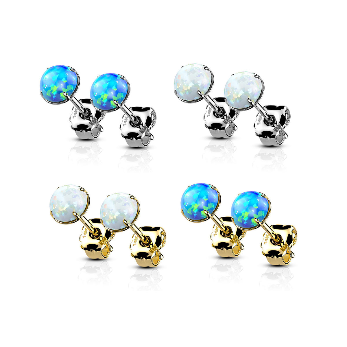 14 Karat Solid Gold Earring Stud 20 Gauge with Prong Set Opal - Pair - Kruelty