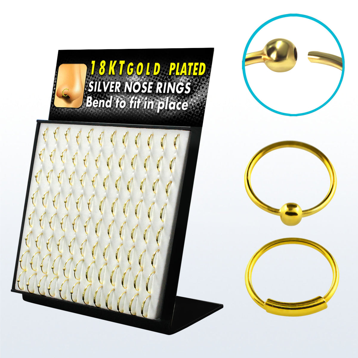 18K Gold Plated .925 Sterling Silver 22G Nose Hoops Display - 96 Pack