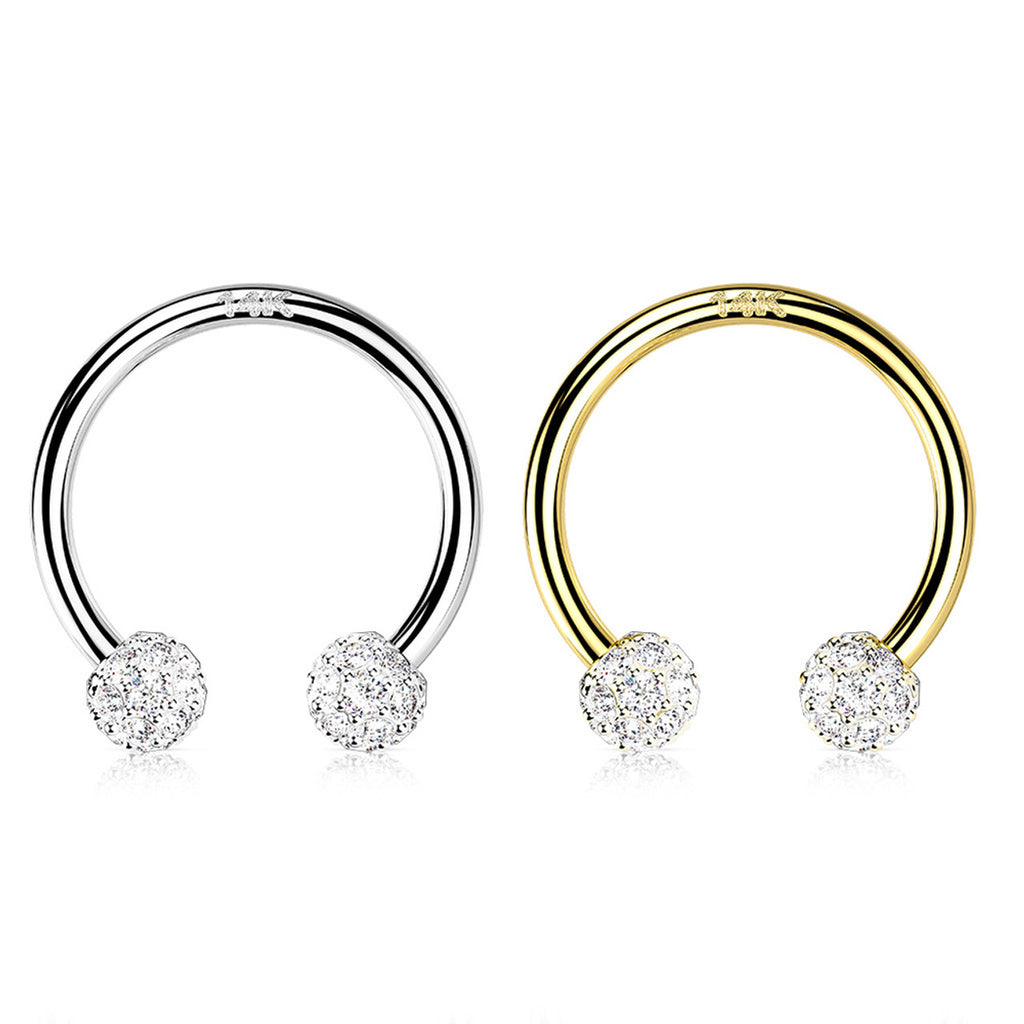 14 Karat Solid Gold Horseshoe Circular Barbell 16 Gauge CZ Paved Ball - Kruelty