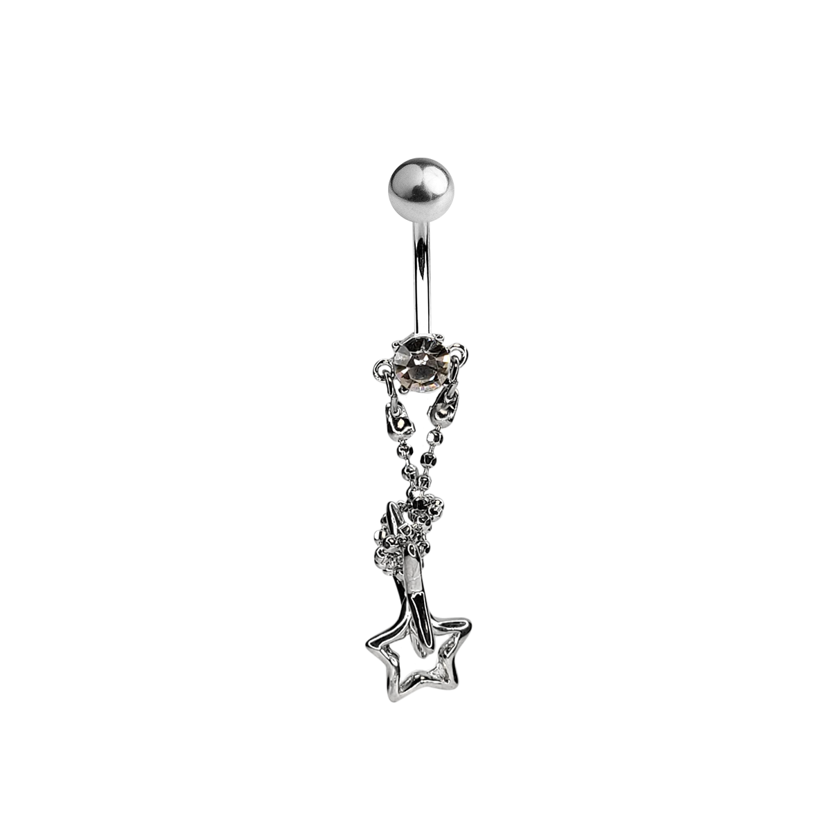 Surgical Steel 14 Gauge Belly Ring with CZ Double Star Chain Dangle