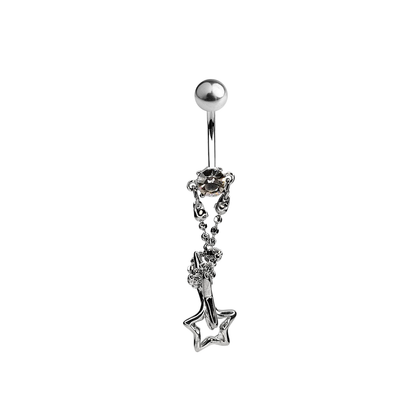 Surgical Steel 14 Gauge Belly Ring with CZ Double Star Chain Dangle