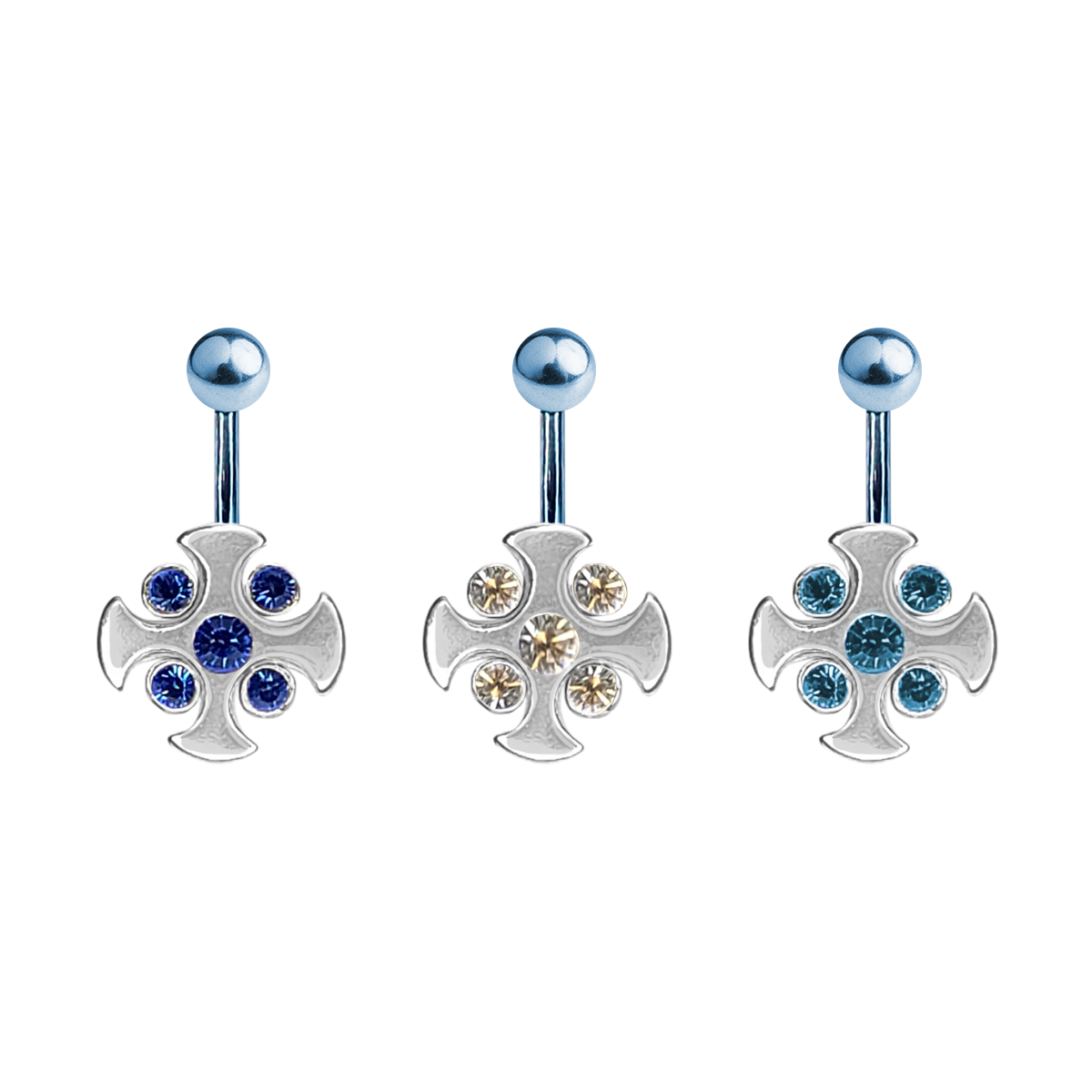 Titanium 14 Gauge Belly Ring with Blue CZ Cross Gems