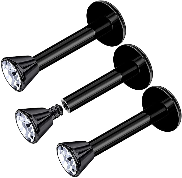 Black Anodized Surgical Steel 16G Vertical Labret Crystal - 3 Pack