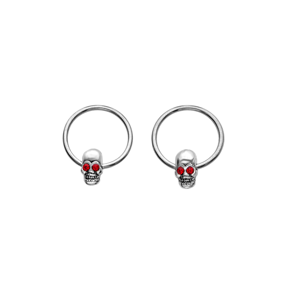 Surgical Steel 16 Gauge Captive Bead Ring with Red Eye Skull - Pair