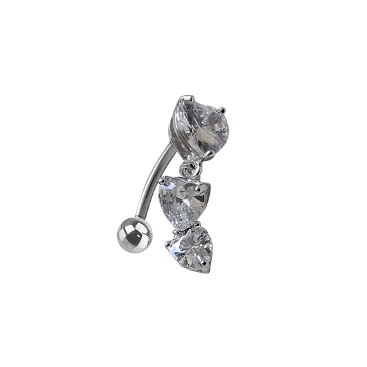 Surgical Steel 14 Gauge Belly Button Ring & Triple Heart CZ Top Dangle