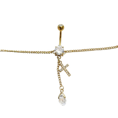Surgical Steel Belly Ring 14G 11mm with Gold Chain & CZ Teardrop