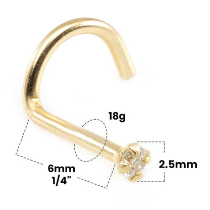 14K Solid Gold 18 Gauge Corkscrew Nose Screw with 2.5mm Diamond - photo 2