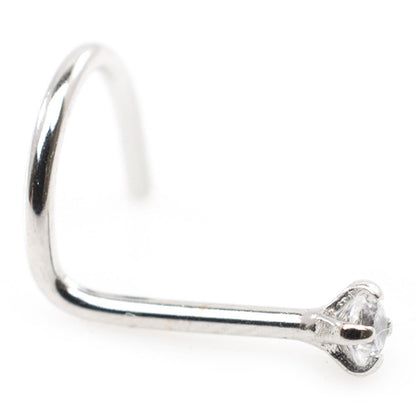 14K White Gold 18 Gauge Corkscrew Nose Screw with 2.5mm Diamond