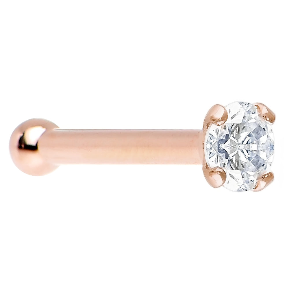14K Solid Rose Gold 20 Gauge Nose Bone with Clear CZ Prong Set Gem