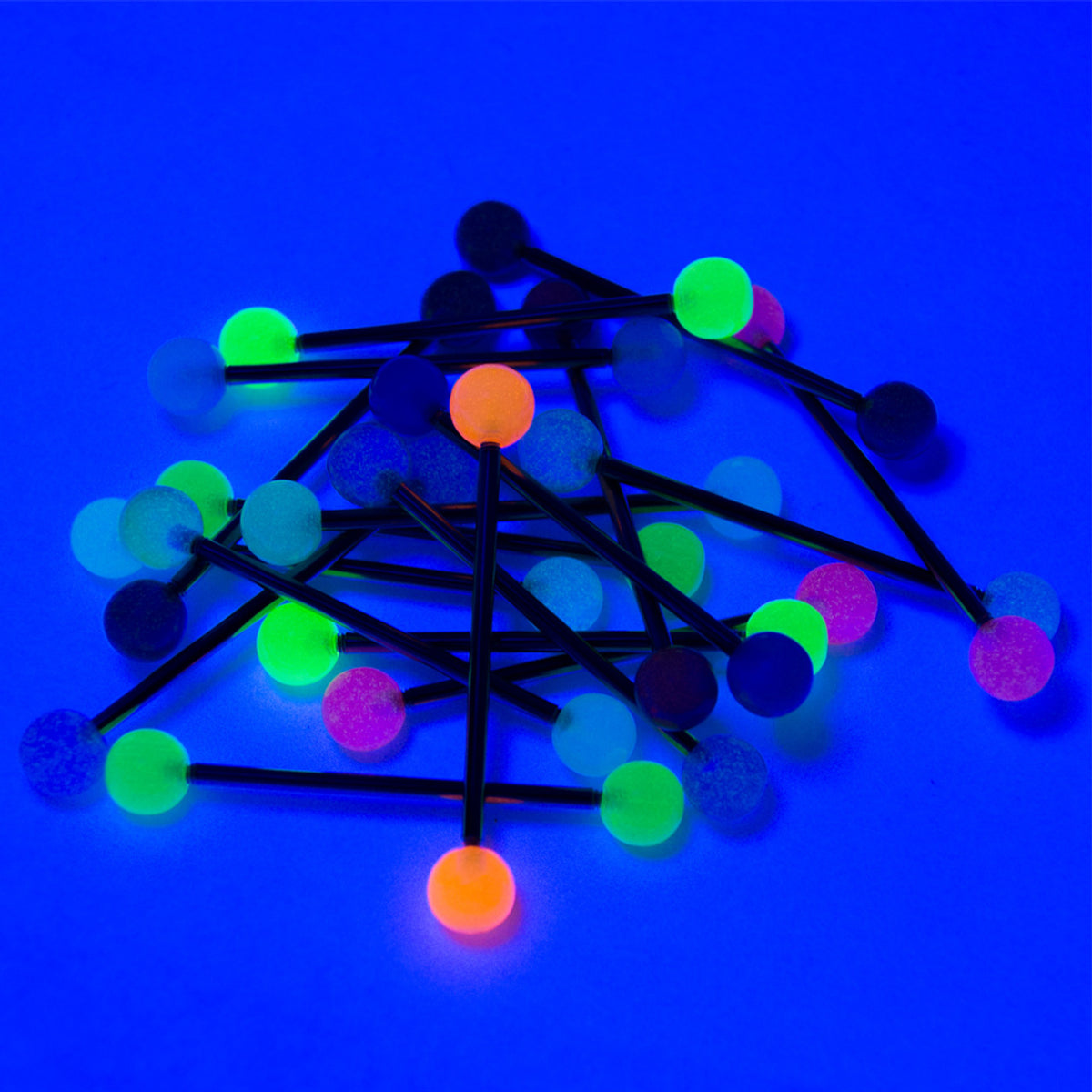 Surgical Steel Industrial Barbell 14 Gauge 38 mm & UV Glow - 20 Pack - Kruelty - Photo 3