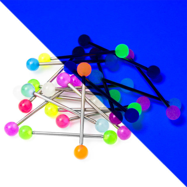 Surgical Steel Industrial Barbell 14 Gauge 38 mm & UV Glow - 20 Pack - Kruelty