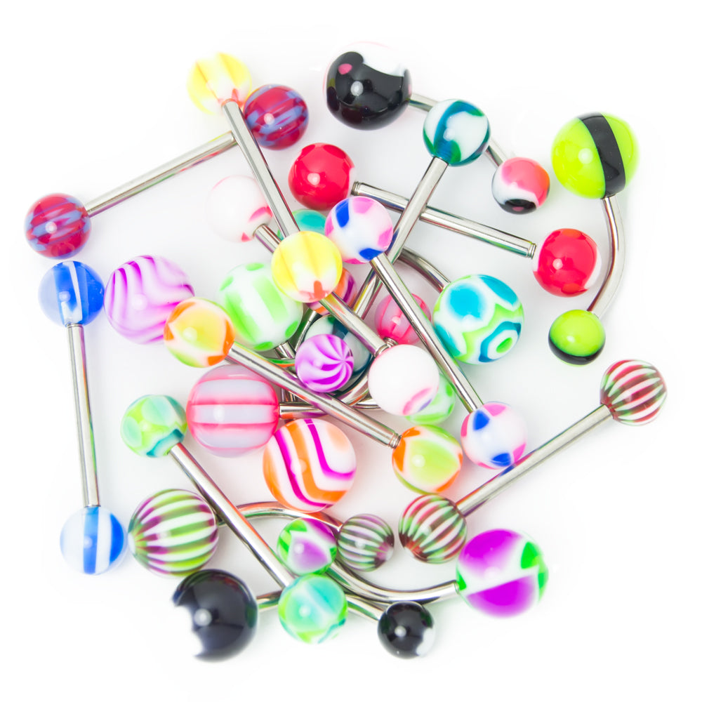 Surgical Steel Straight & Curved Barbells with Acrylic Balls - 20 Pack
