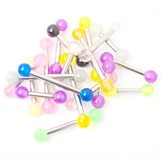 Surgical Steel Tongue Ring Straight Barbell Acrylic UV Glow - 20 Pack