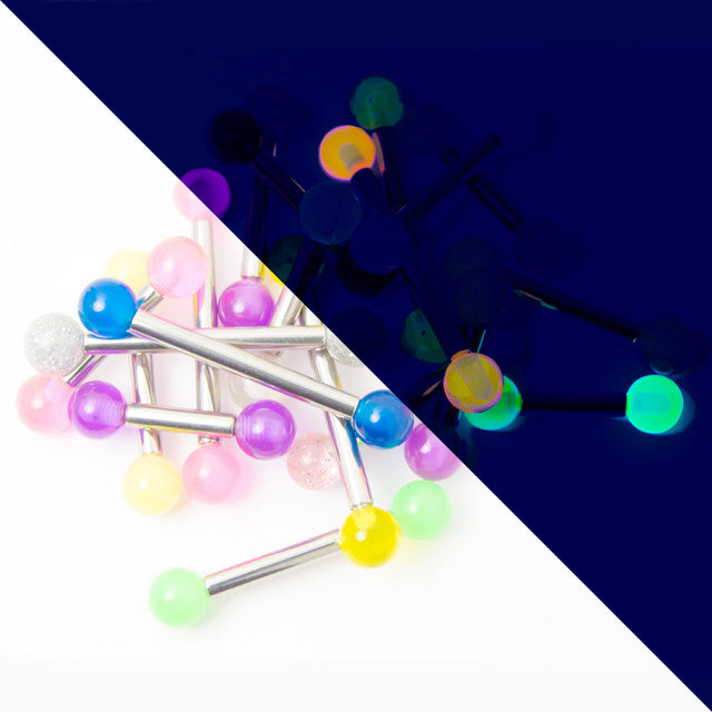 Surgical Steel Tongue Ring Straight Barbell Acrylic UV Glow - 20 Pack - Kruelty - Photo 2