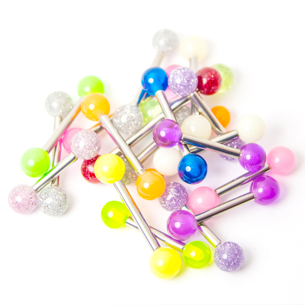 Surgical Steel 12 Gauge Straight Barbell Glitter UV Glow - 20 Pack