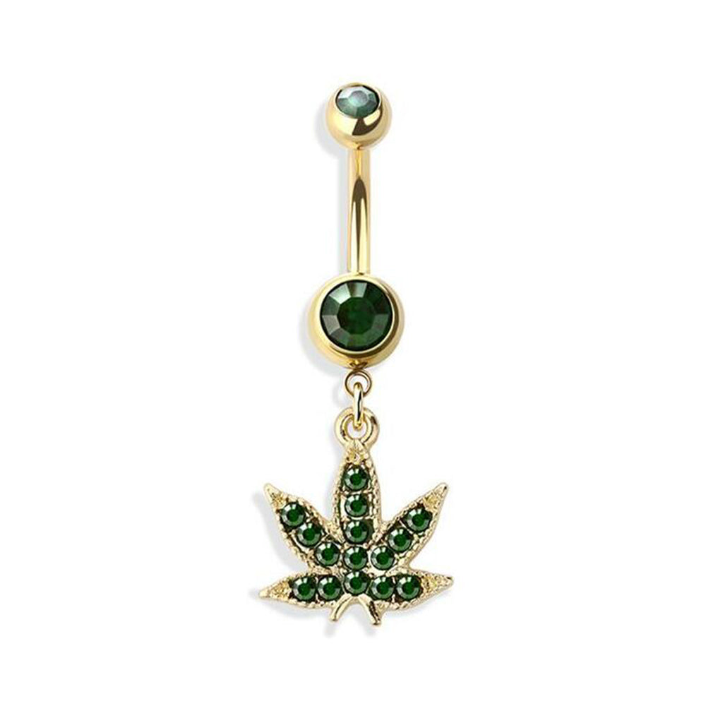 Surgical Steel 14 Gauge Belly Ring with Gold Green Pot Leaf