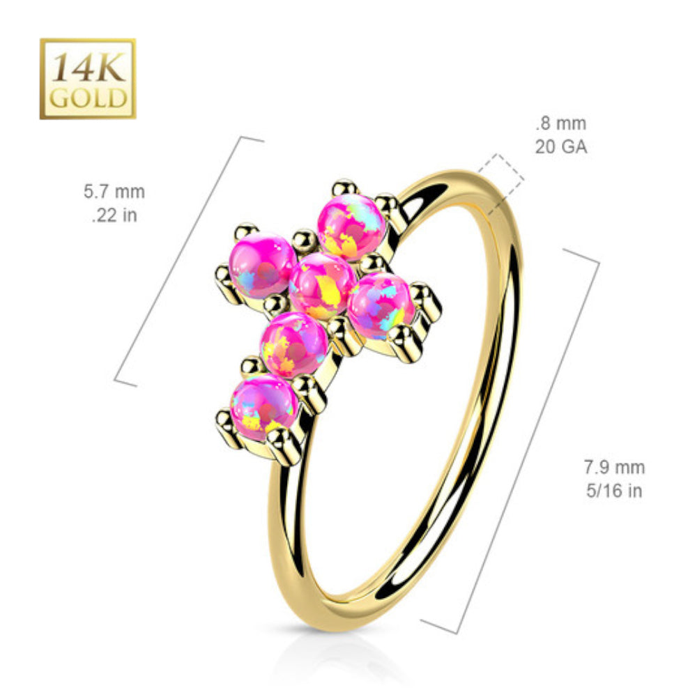 14K Solid Gold 20 Gauge Bendable Nose Ring with CZ Opal Cross - photo 2