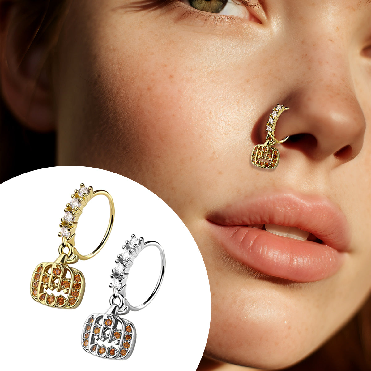 Surgical Steel Bendable Nose Ring 20G 9mm with Paved CZ Ghost Pumpkin - photo 2