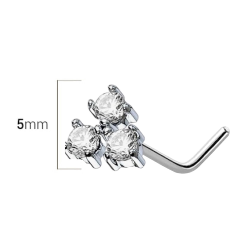 Surgical Steel L Shaped Nose Stud 20G 6mm with Triple CZ Prong Set - photo 2