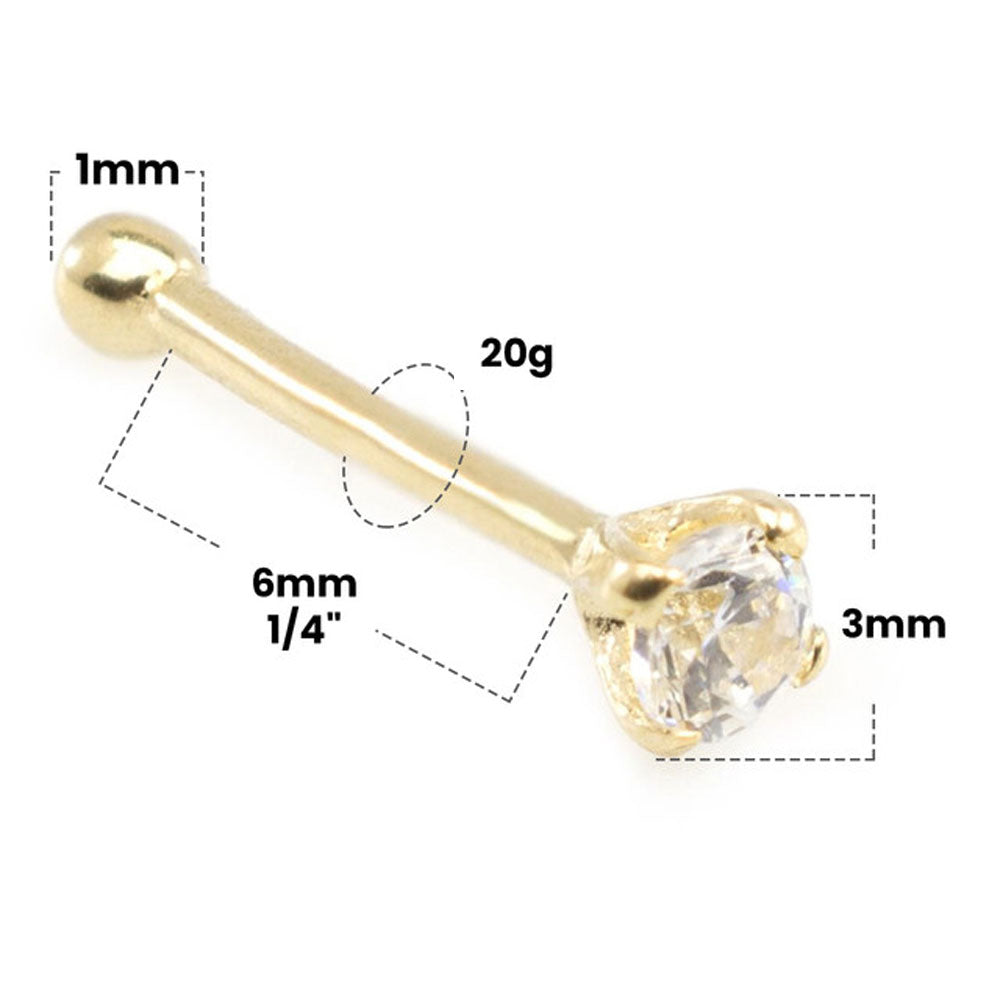 14K Solid Gold 20 Gauge Nose Bone Stud with 3mm Diamond - photo 5