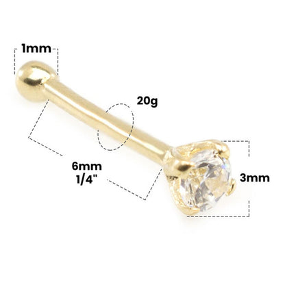 14K Solid Gold 20 Gauge Nose Bone Stud with 3mm Diamond - photo 5