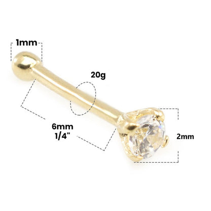 14K Solid Gold 20 Gauge Nose Bone Stud with 2mm SI Diamond - photo 2