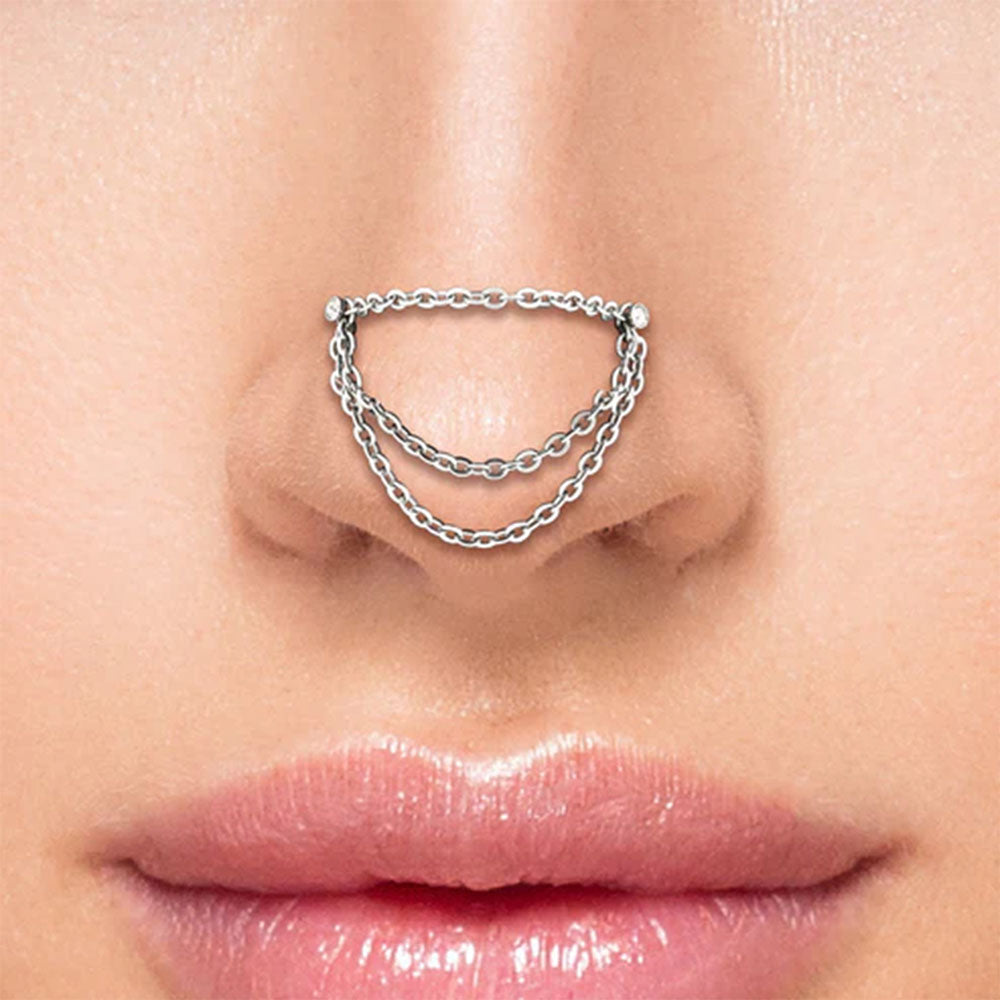 Surgical Steel Nose Bone Stud 20 Gauge 6mm with Chains & CZ