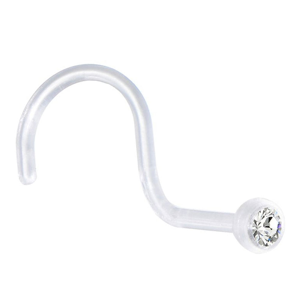 Acrylic Bioflex 20 Gauge Nose Retainer with Clear CZ Corkscrew