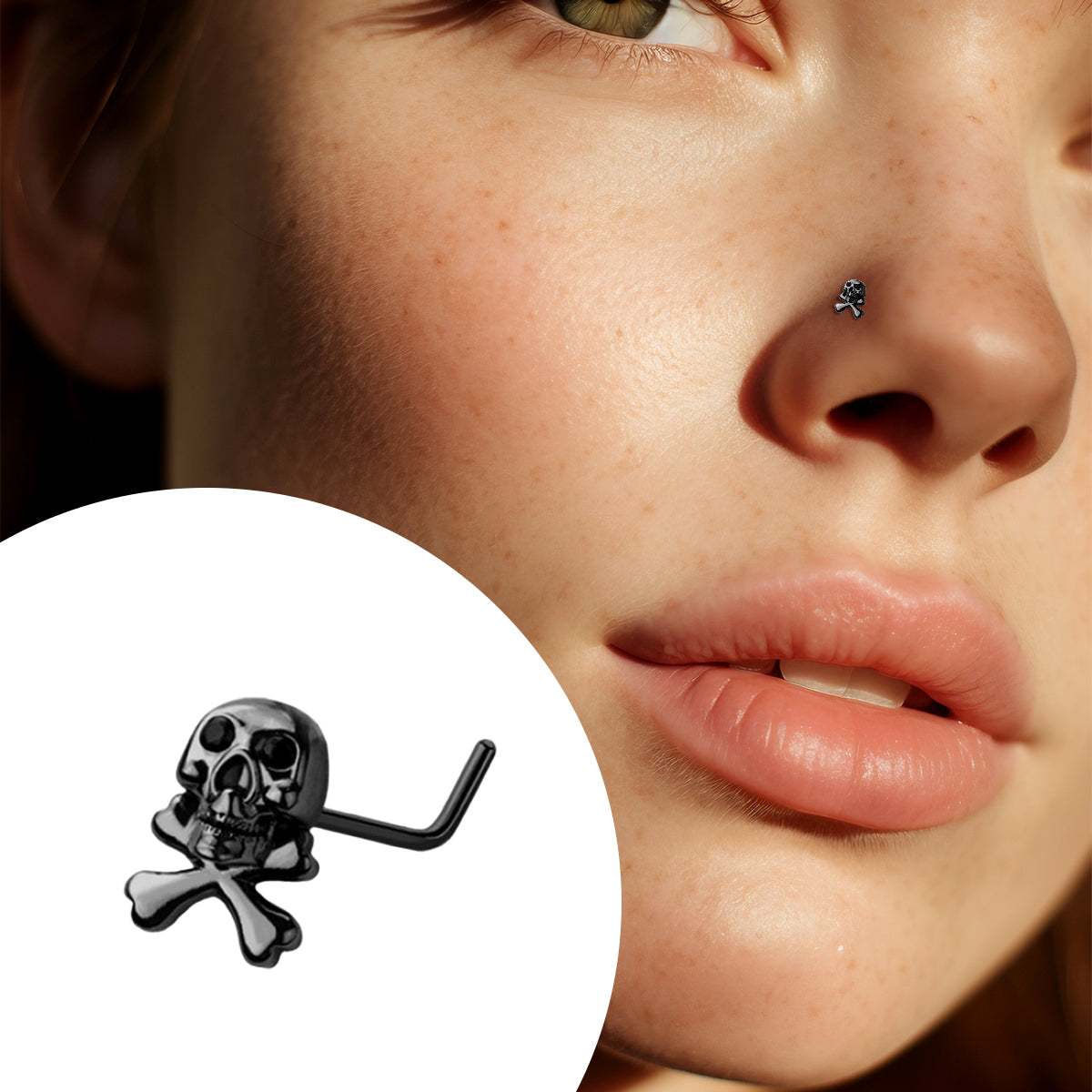 Surgical Steel Black PVD L-Shaped Nose Stud 20G 6.5mm with Skull - photo 2