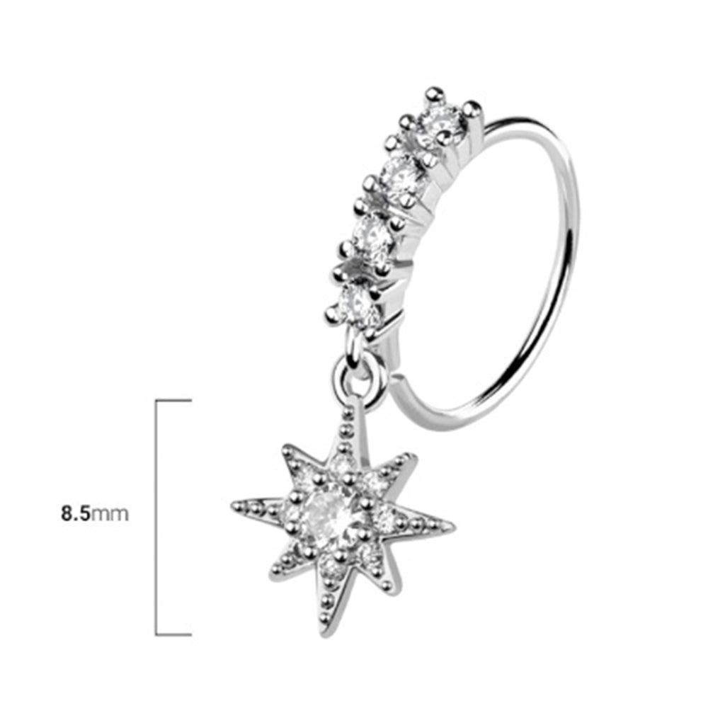 Surgical steel nose hoop with starburst CZ dangle