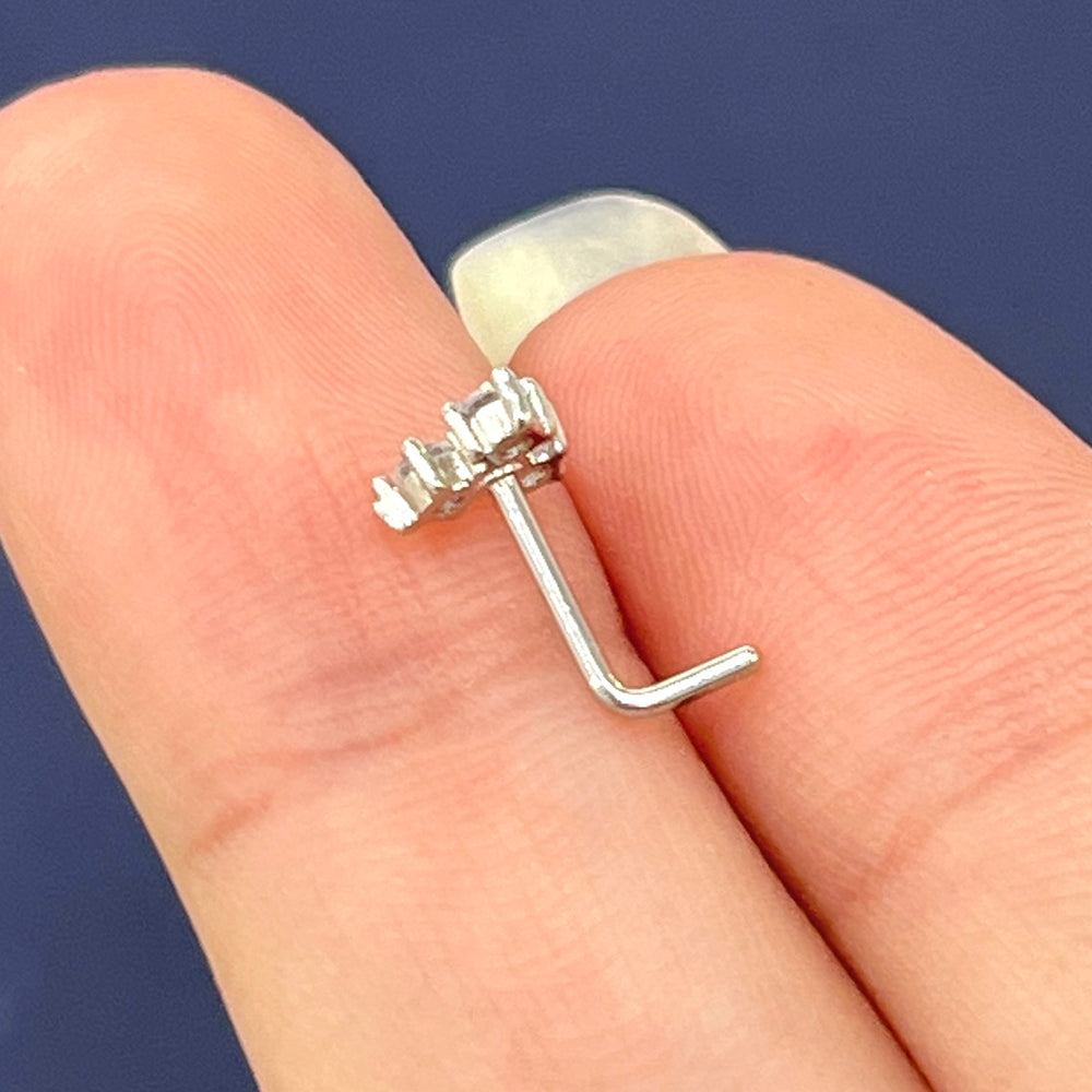 Surgical Steel L Shaped Nose Stud 20G 6mm with Triple CZ Prong Set - photo 4