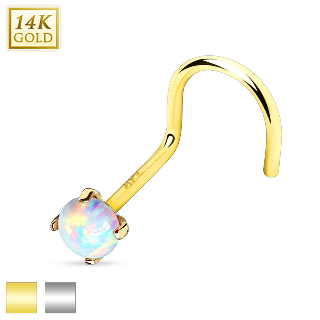 14K Solid Gold 20 Gauge Nose Screw with Prong Set Opalite Top