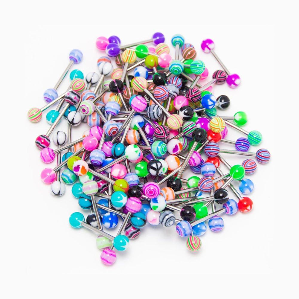 Surgical Steel Barbells 14 Gauge 16mm with Acrylic Balls - 50 Pack
