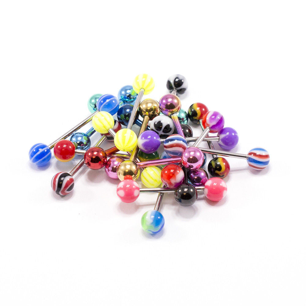 Surgical Steel 14 Gauge Straight Barbells with Acrylic Balls - 20 Pack