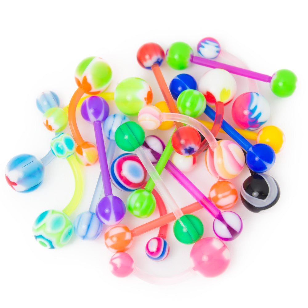 Acrylic Straight & Curved Barbells 14 Gauge with Ball Ends - 20 Pack