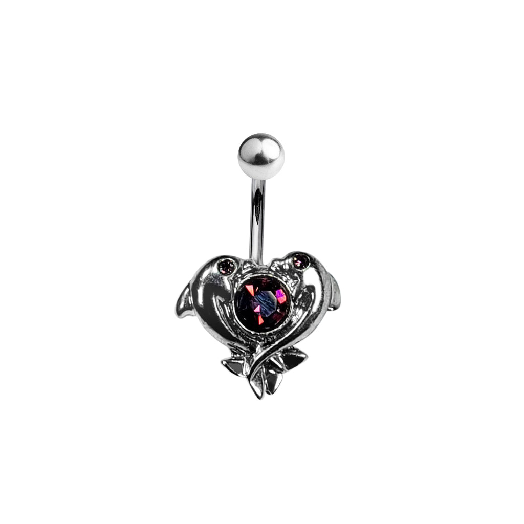 Surgical Steel 14 Gauge Dolphin with Purple Heart CZ Belly Ring