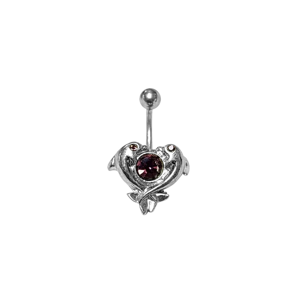 Surgical Steel 14 Gauge Dolphin with Purple Heart CZ Belly Ring