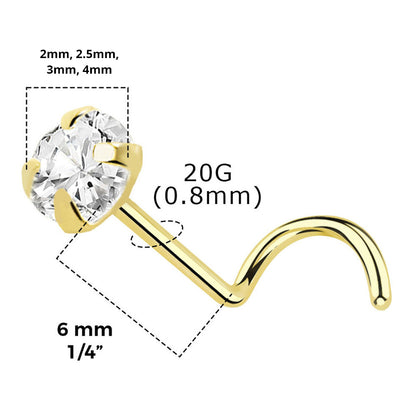 14K Solid Gold Corkscrew Nose Ring 22G 6mm with Prong CZ - photo 3