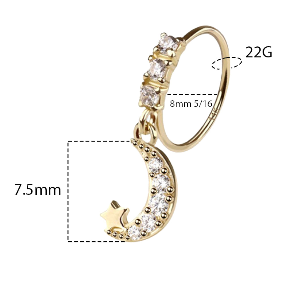 14K Solid Gold Bendable Nose Ring 22G 8mm with Crescent Moon Star CZ - photo 2