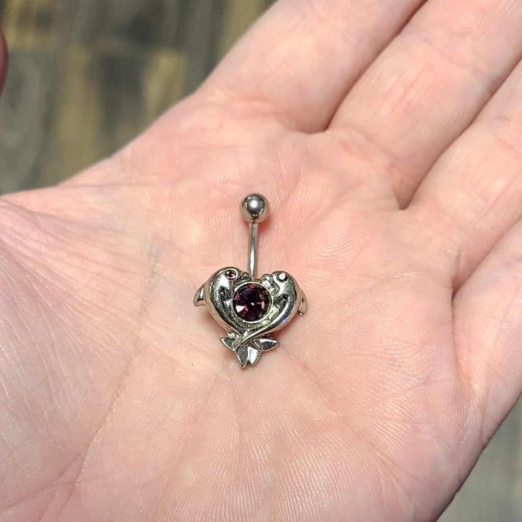 Surgical Steel 14 Gauge Dolphin with Purple Heart CZ Belly Ring