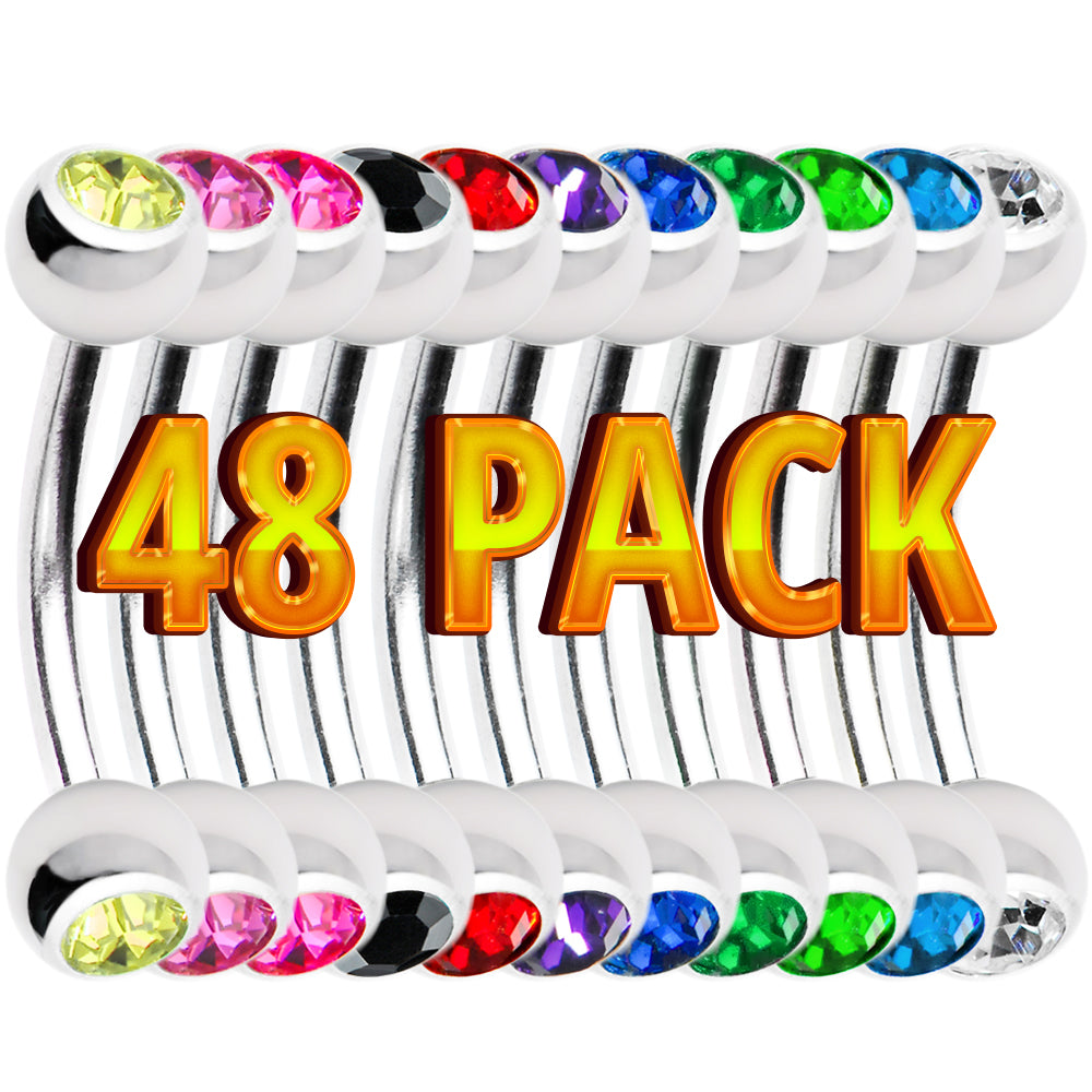 Surgical Steel 14 Gauge Dual CZ Gem Belly Barbells - 48 Pack