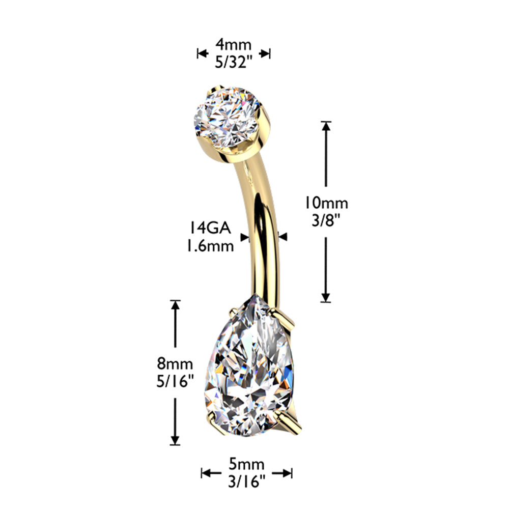 Gold Plated Titanium 14 Gauge Teardrop CZ Belly Button Ring 10mm