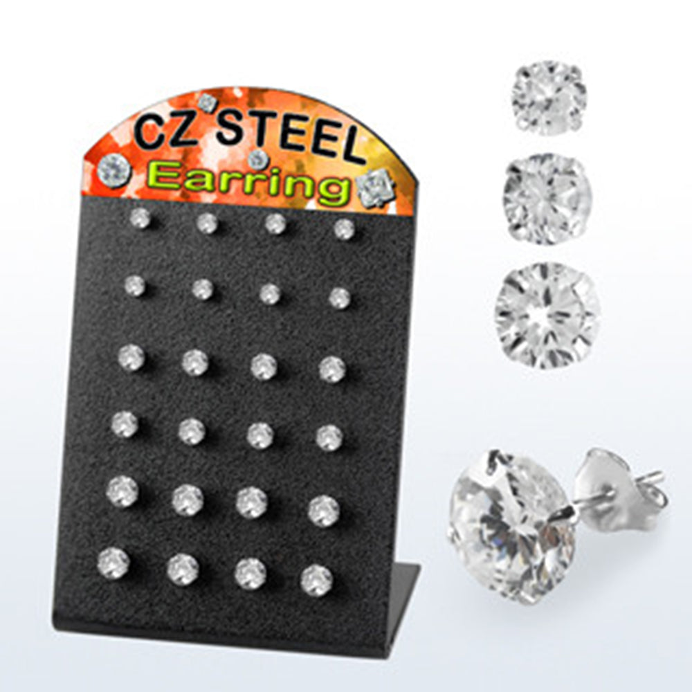 Surgical Steel Prong Set CZ Stud Earrings - 24 Pack