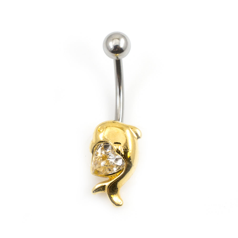 Gold Anodized Titanium Dolphin Belly Button Ring with Heart CZ 14G