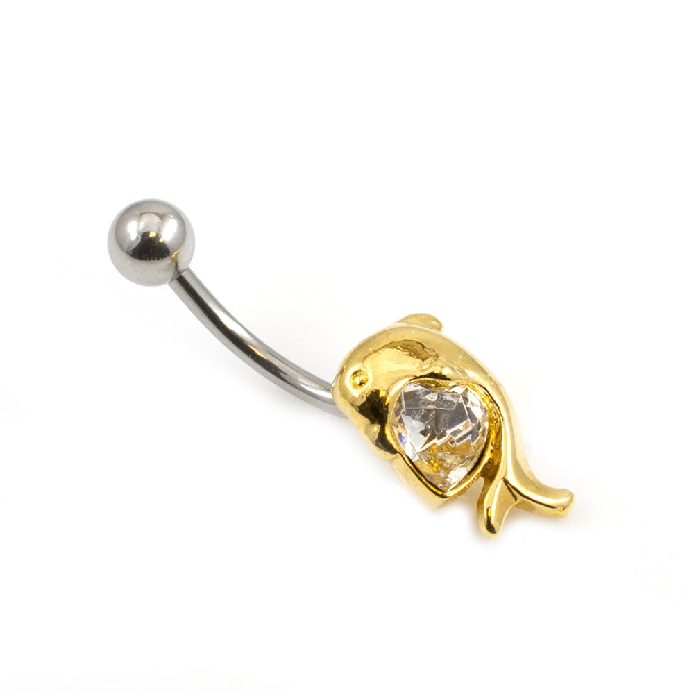 Gold Anodized Titanium Dolphin Belly Button Ring with Heart CZ 14G - photo 2