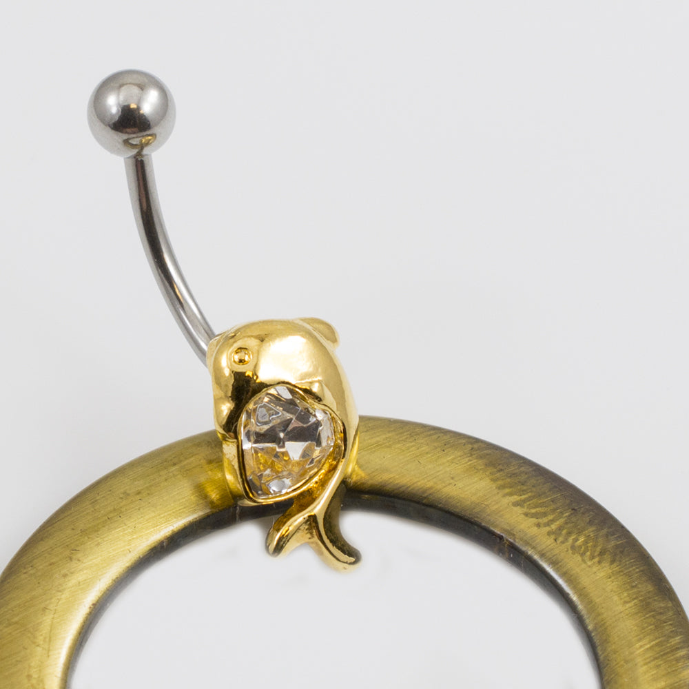 Gold Anodized Titanium Dolphin Belly Button Ring with Heart CZ 14G - photo 3