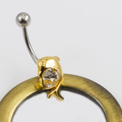 Gold Anodized Titanium Dolphin Belly Button Ring with Heart CZ 14G - photo 3