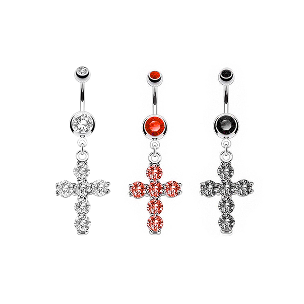 Surgical Steel Dangle Belly Ring 14G 11mm with CZ Cross - 3 Colors